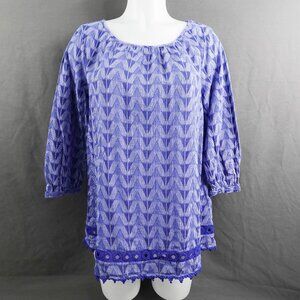 Womens Top Medium Blue Boho Peasant Coastal Cottagecore Indie Artsy Eyelet Lace
